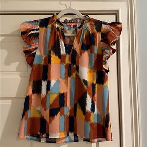 THML Multicolor Geometric Ruffle Sleeve Top